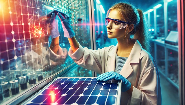 Badaczka w laboratorium pracująca nad panelem słonecznym, symbolizująca postęp w technologii solarnej.